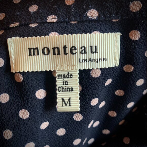 MONTEAU - Polka Dot Button Up Dress Navy Blue short sleeves - medium - Picture 10 of 11